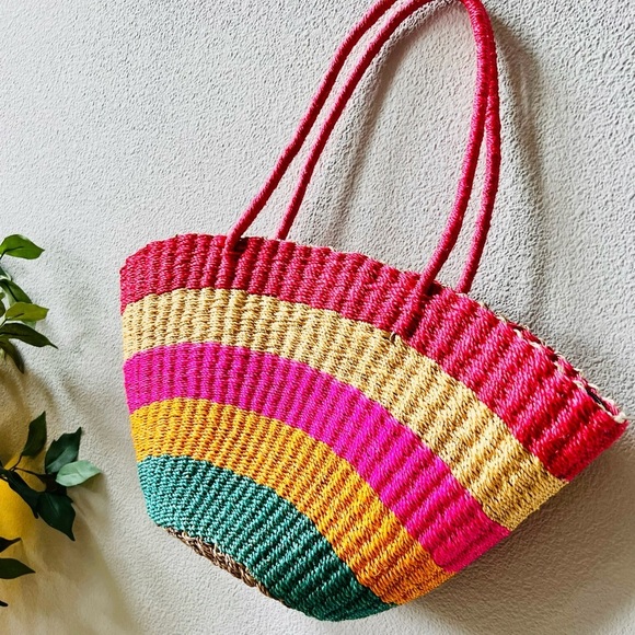 Bright Colorful Striped BORACAY Straw Zip Closure Boho Medium Tote Shoulder Bag - Picture 10 of 13